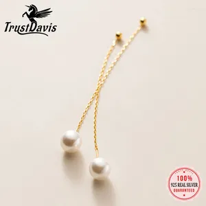 Kolczyki Dangle Trustdavis oryginalne 925 srebrna moda słodka synteza Pearl Long 7cm Połączona linia ucha dla kobiet biżuteria ślubna