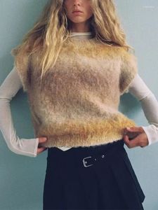 Women's Vests Mohair Gradient Color Knitting Vest Elegant Round Neck Sleeveless Cropped Pullover Autumn Chic Warm Soft Sweater Tops