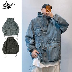 Hiphop Loose Denim Men Mężczyźni Kobiety Vintage wielopasowawcy z kapturem Pullover High Street Wash Cargo Cowboy Płaszcz Autumn Pary Tops 240202