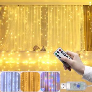Stringhe Tenda Ghirlanda Luci a corda LED Festival Decorazione natalizia 8 modalità Telecomando USB Fata delle vacanze per la camera da letto di casa