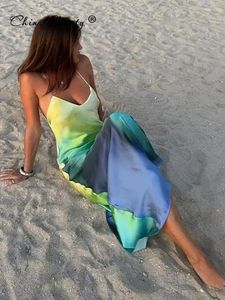 Casual Dresses Sexy Satin Print Maxi Beach Dress Bodycon Women 2024 Summer Dye Tie Backless Elegant Party Holiday Outfits Robe Mujier