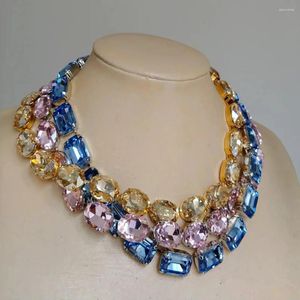 Gargantilha artesanal brilhante mar azul cristal incrustado colar para mulheres simples requintado cobre corrente colar casamento nupcial festa jóias
