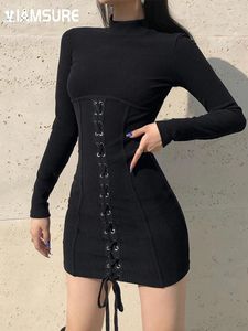 Casual Dresses IAMSURE Sexy Black Skinny Slim Mini Knitted Dress Elegant Bandage High Collar Long Sleeve Solid Streetwear Party Ladies