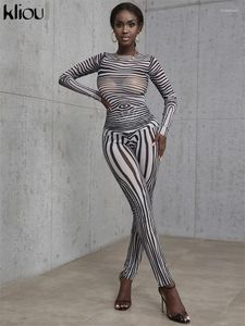 Women's Two Piece Pants Kliou Striped Mesh Set Women Hipster High Street Sexy Skinny Body-Shaping Long Sleeve O-Neck Female Streetwear