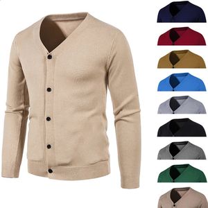 Jesienne męskie kardigan cienki dekolt w szpic podstawowy elastyczny Slim Fit cienki sweter stały kolor zwykły wszechstronny płaszcz 240123
