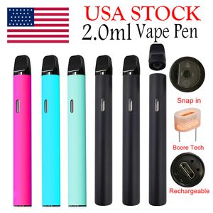 USA STOCK 2ml Vape Pen Monouso E-sigaretta Pod Carrelli Olio denso Vuoto Type-C Batteria ricaricabile 350mAh Bobina in ceramica Snap in Tips Vaporizzatore Logo personalizzato D11 Pen