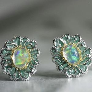 Stud Earrings Imitation Color Opal Enamel Drop Glue Flower Little Fresh Green Advanced Sense Temperament Design Jewelry Gift