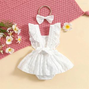 Rompers broderi Floral Baby Girls Summer Romper Dress Solid White Ruffle Sleeveless Playsuit With Headband Backless Sundress