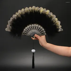 Dekorativa figurer Lolita Gothic Feather Folding Fan Retro Court Dance Hand Fans med Pendant For Wedding Party Decoration Pography Props
