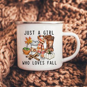 Tassen „Just A Girl Who Love Fall“, bedruckt, kreative Emaille-Kaffeetassen, Urlaub, Party, Wein, Saft, Henkel, Tasse, Thanksgiving-Geschenke