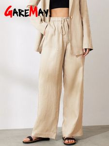 Cotton Linen Pants for Women Stacked Loose Vintage Solid Basic High Waist Wide Leg Khaki Trousers Summer Women's Pants 240122