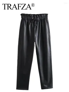 Женские брюки TRAFZA, модные женские повседневные шикарные длинные брюки из искусственной кожи, 2024, женские карманы с эластичной резинкой на талии, свободные широкие брюки на шнуровке