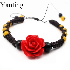 Charm Bracelets Ethnic Chinese Style For Women Handmade Bracelet Jewelry Carved Red Flower Natural Yellow Stone Gift