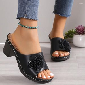 Tofflor 2024 Summer Woman High Heel Sandal Women's Thick Lady Fashion Flower Fish Mouth Beach Mother Shoes Black