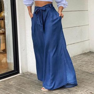 Calças de brim femininas azul solto denim calças largas perna elegante rendas até verão fino casual cintura alta halkas 2024 moda senhoras