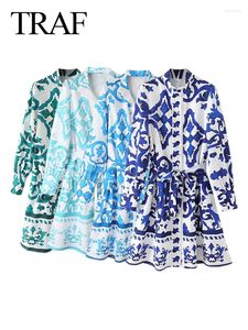 Casual Dresses Traf Summer Women's Fashion Belt Printed Stand Collar Dress Vintage Causal Loose Long Sleeve Single Breasted Female Midi