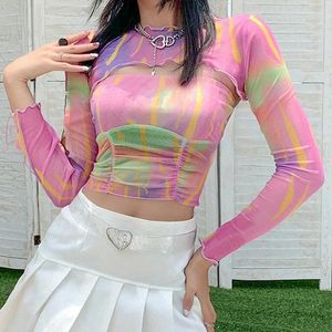 Women's T Shirts Colored Suspenders Girl Rainbow Gauze T-Shirts Street Fashion Long-Sleeved Blouse Female 2024 Trend Top Clothing Summer