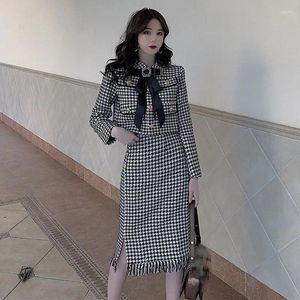 Dwuczęściowa sukienka unxx jesienna moda Glen Plaid Chic Blazer Pencil Spódnica 2PCS Kobiet biuro dama garnitury długie rękawy tweed