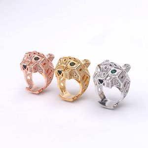 European American Hiphop Domineering Full Diamond Green Eyed Leopard Head Ring Personalized Popular Leopard Rings Couple's Punk Jewelry Valentine's Day Gift Supply