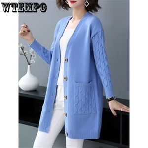 WTEMPO Herbst Frauen Vintage Pullover Mantel V-ausschnitt Solide Lose Strickwaren Einreiher Casual Strickjacke Outwear Sueter Mujer 240126