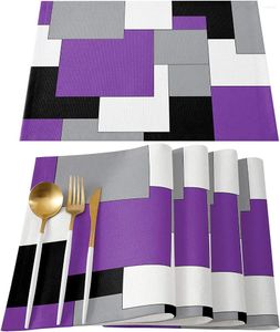 Tapetes de mesa para jantar, conjunto de 4/6 peças, arte abstrata, patchwork, roxo, preto e cinza, cozinha