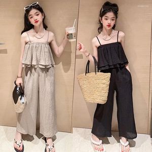 Clothing Sets Summer Teenage Girls Children Fashion Sling Tops Wide Leg Pants 2Pcs Outfits Kids Tracksuit 4 6 8 10 12 14 Years