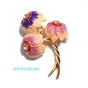 Brooches Fashion Jewelry Lotus Flower Brooch For Women Gold Color Rhinestone Gradient Painted Alloy Breast Pin Garments Lady Gifts