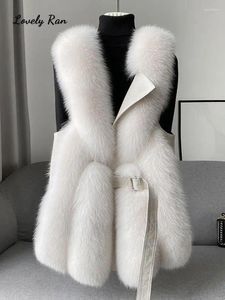 Women's Fur Women Jacket Faux With Blet Sleeveless Pocket V-neck Elegant Female Coat 2024 Autumn Winter Fashion Thicken Lady Streetwear