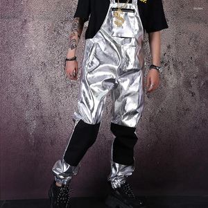 Palco desgaste homens streetwear hip hop punk prata macacão de couro macacão calça masculino mulheres moda casual bib harem calças traje