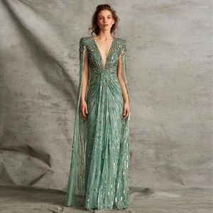 Party Dresses Sharon Said Luxury Dubai Sage Green Evening With Cape Fuchsia Crystal Gold Elegant Women Wedding Formal Gown SS399