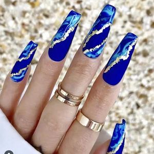 False Nails 24PC European Blue Flame Marble Nail Patch Full Cover Press On Wearable Art For Daily Use Long Tips