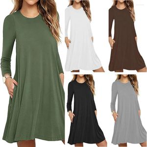 Casual Dresses Dress Autumn Women Short Solid Color A-Line Womans Long Sleeve Mini Crew Neck Simple Loose 2024 Spring