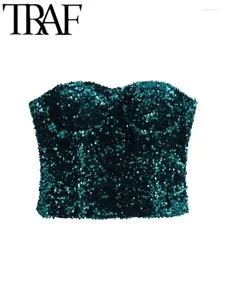 Women's Tanks TRAF Green Sequins Women Backless Sleeveless Strapless Slim Bustier Female Bra Crop Top Sexy 2024 Spring Y2K