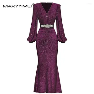 カジュアルドレスMaryyimeiファッションデザイナー夏の女性のVネックランタン長袖クリスタルレース高品質のパッケージバッツドレス