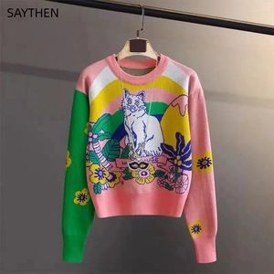 Women's Sweaters SAYTHEN 2024 Women Autumn Winter Knitwear O-Neck Forest Flower Cartoon Cute Cat Patch Color Contrast Sweater Pullover