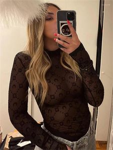 Magliette da donna Forefair Mesh Print Y2K Manica lunga Crop Top Donna Autunno Sexy See Through Skinny Dolcevita Camicia Club Party Outifit 2024