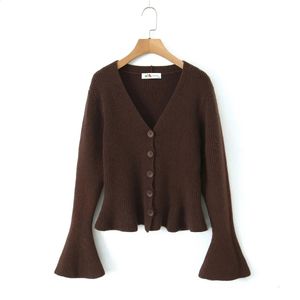 V-Neck Flare Sleeve RUFFLES Hem Knitted Cardigan Jacket Good Quality Plus Size Women Autumn Winter French Sweater Slim Jumpers 240123