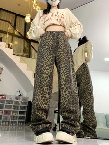 Kvinnors jeans retro stil leopard tryck denim byxor amerikansk vintage gata casual kvinnlig hög midja raka byxor