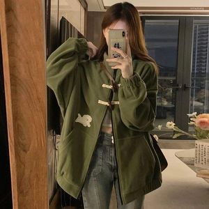 سترات نسائية Deeptown Winter Vintage Green Green Women Harajuku Japanese Y2K Cute Wooded Outwear Embroidery Fashion Streetwear