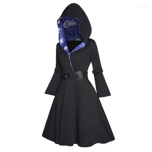 Casual Dresses Sun Moon Star Mönster Huvklänning Bälte Hög midja långärmad midi -hoodie -mantel för kvinnor tidigt på våren dagligen Jurkken