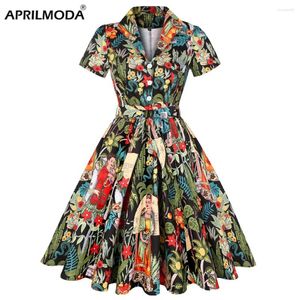 Party Dresses 2024 Summer Cotton Vintage Midi Dress Short Sleeve 4XL Robe Femme Swing 1950s Retro Floral Print Green Rockabilly