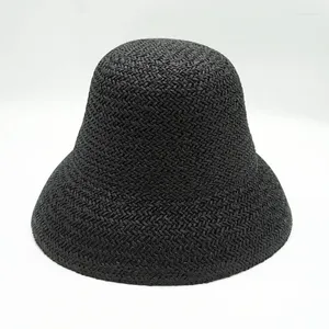 Wide Brim Hats Women Black Summer Hat Cone Top Straw UV Protection Cloche Bucket Sun Female Ribbon Band Ladies Fedora Travel