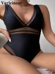 Women's Swimwear Sexy V Neck Mesh Sheer Splicing High Cut Women One Piece Swimsuit Female Monokini Padded Bather Bathing Suit Swim V4109