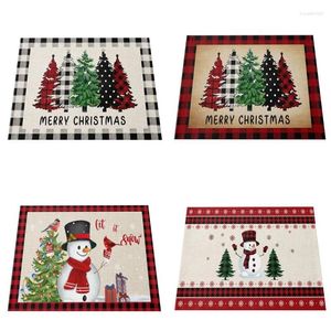 Tapetes de mesa moda árvore de natal elk boneco de neve linho impresso lugar tapete almofada pano placemat copo jantar coaster café chá doily cozinha