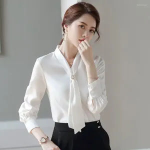 Blusas femininas primavera outono estilo camisas senhora casual manga longa laço colarinho cor sólida blusas topos zz2048