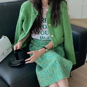 Skirts Spring/Autumn Korean Women's Skirt Two-piece Tweed Dress Long Sleeve Sweater Cardigan Set Elegant Mid Length