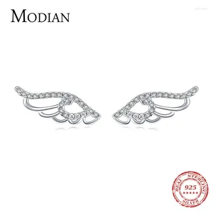 Stud Küpe Modian Orijinal 925 STERLING Silver Angel Wings Kadınlar için Hollow Out Tüylü Kulak Pinler Noel Doğum Günü Hediyeleri