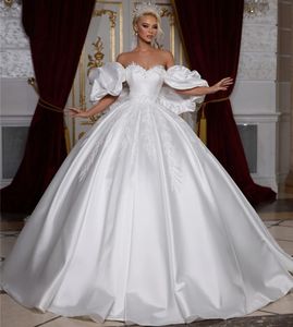 Dubai Luxury Satin Wedding Dress Off the Shoulder Puff Sleeves Lace Appliques Beads Bridal Gowns Custom Made Vestido de novia