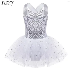 Stage Wear Kids Girls Sequins Criss Cross Back Princess Mesh Fluffy Dress Ballet Dance Tutu Skirted Leotard Performance Costumes