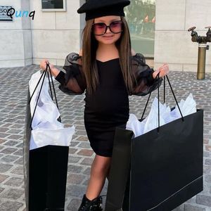 Girl Dresses Qunq 2024 Summer Girls Solid V Neck Long Sleeve Mesh Splicing Street Fashion Slim Hip Dress Casual Kids Clothes Age 3T-8T